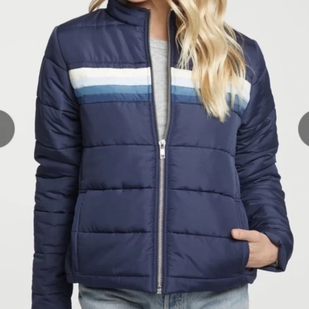 Chaser Navy Quilted Retro Stripe Quilted Puffer Jacket Fleece Lined S